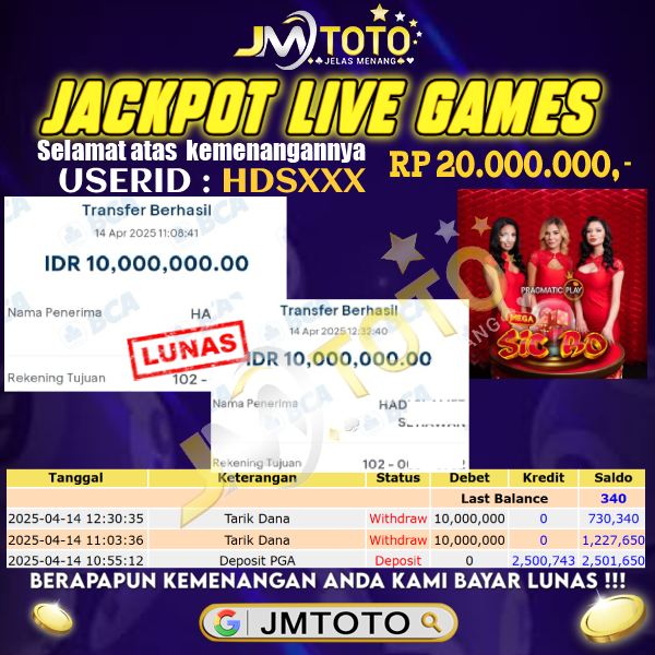 BUKTI JACKPOT LIVE CASINO MEGA SICBO 14 APRIL 2025