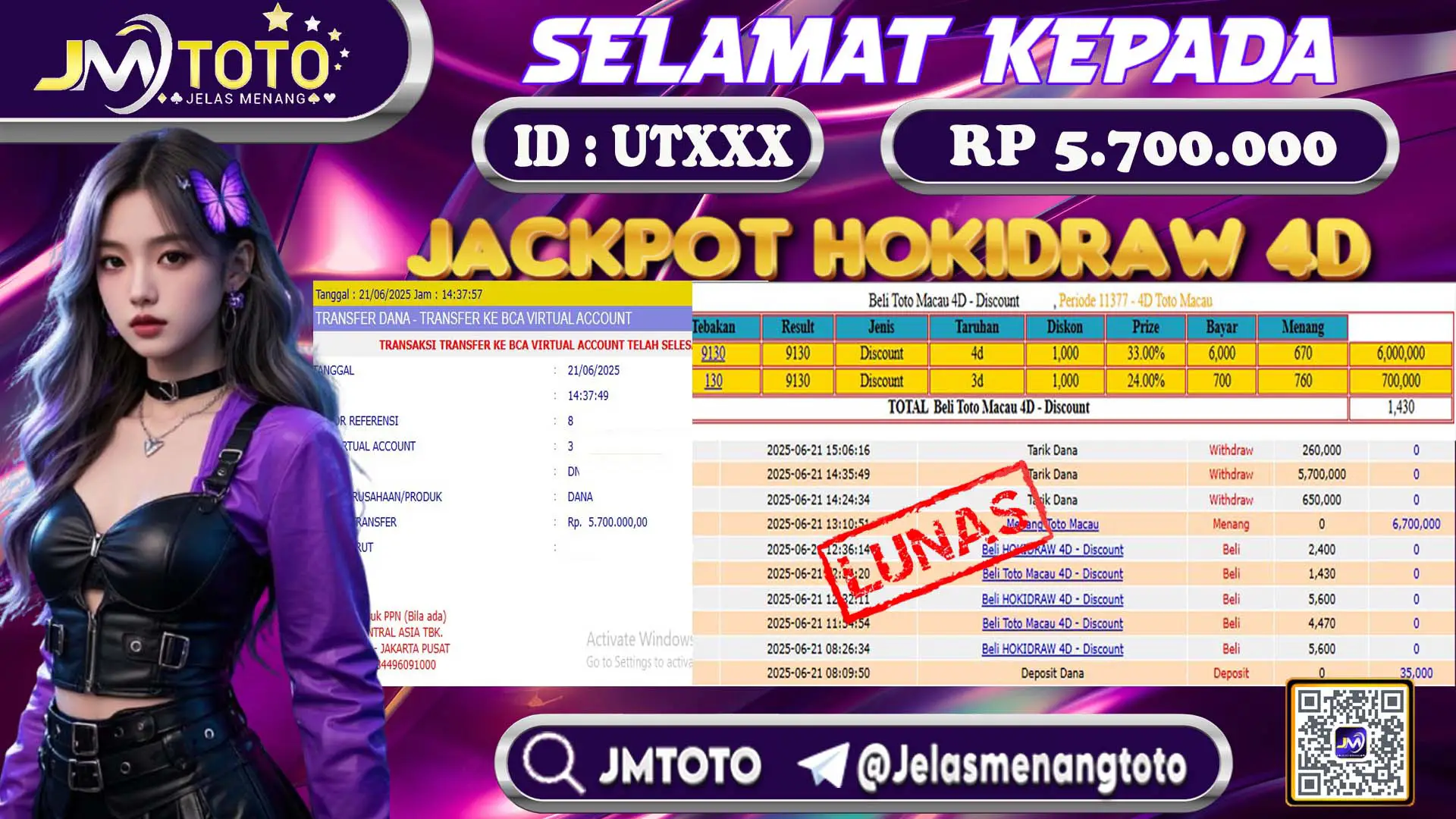 Bukti member JMTOTO tarik dana Rp 5.700.000 setelah menang jackpot HOKIDRAW - ID UTXXX