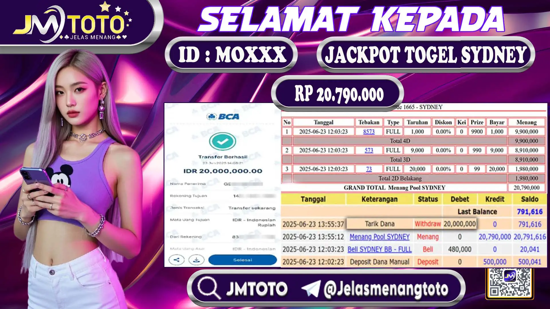 Bukti member JMTOTO tarik dana Rp 20.790.000 setelah menang jackpot togel pasaran Sydney - ID MOXXX