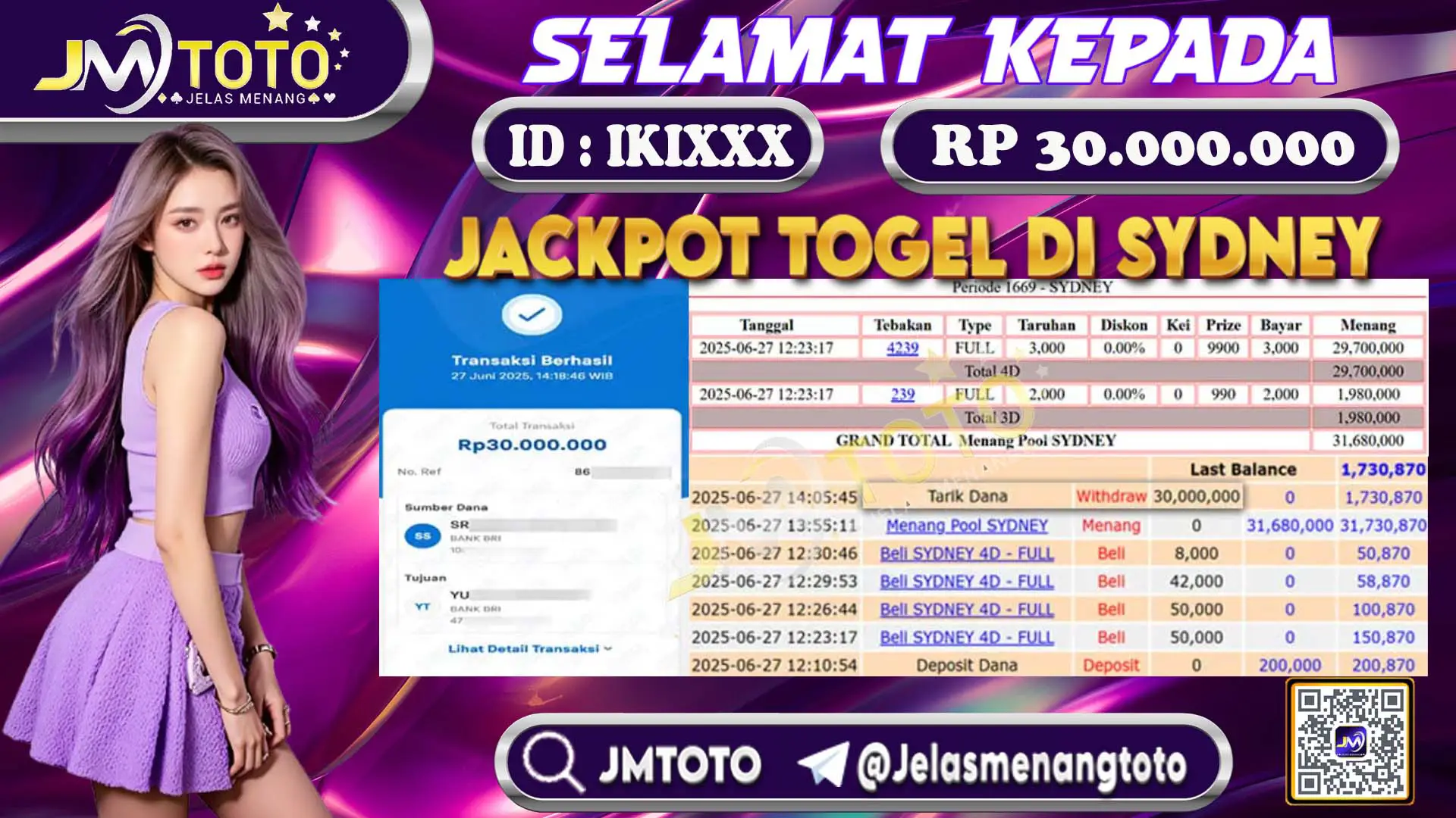 Bukti member JMTOTO tarik dana Rp 30.000.000 setelah menang jackpot togel pasaran Sydney - ID IKIXXX