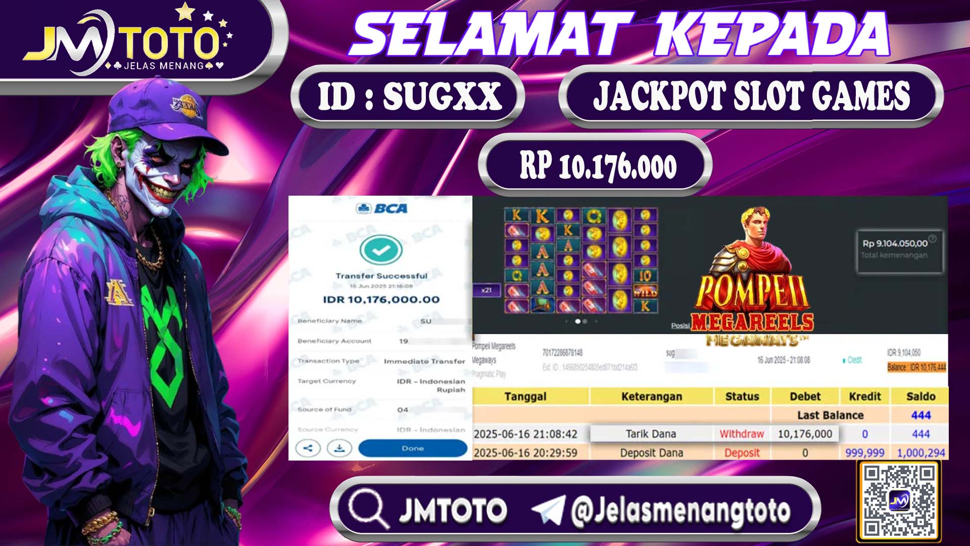 Bukti member JMTOTO tarik dana Rp 10.176.000 setelah menang jackpot slot games - ID SUGXX