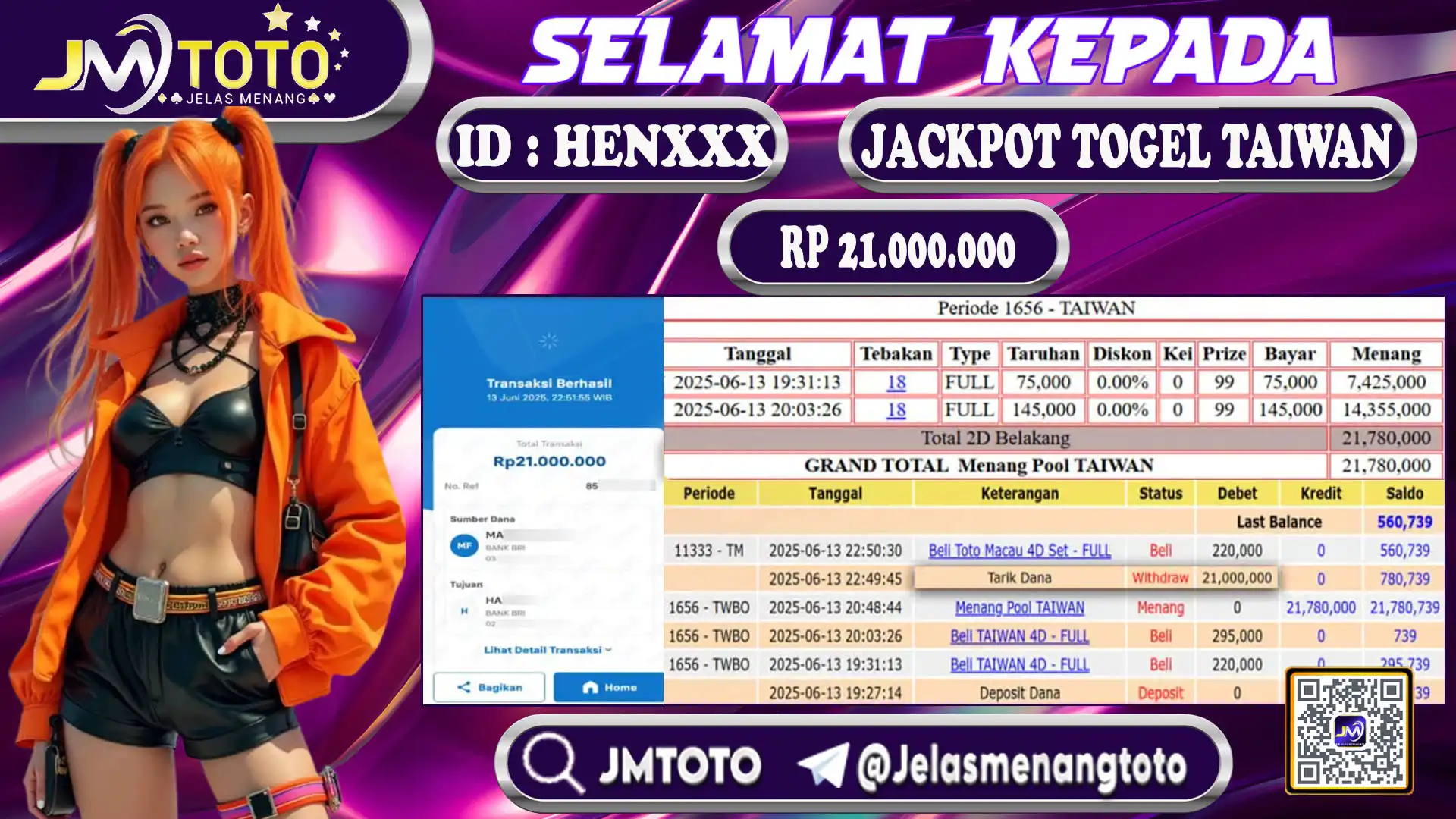 Member HENXXX menang jackpot togel taiwan Rp21 juta di BOSMENANG - Bukti pembayaran penuh