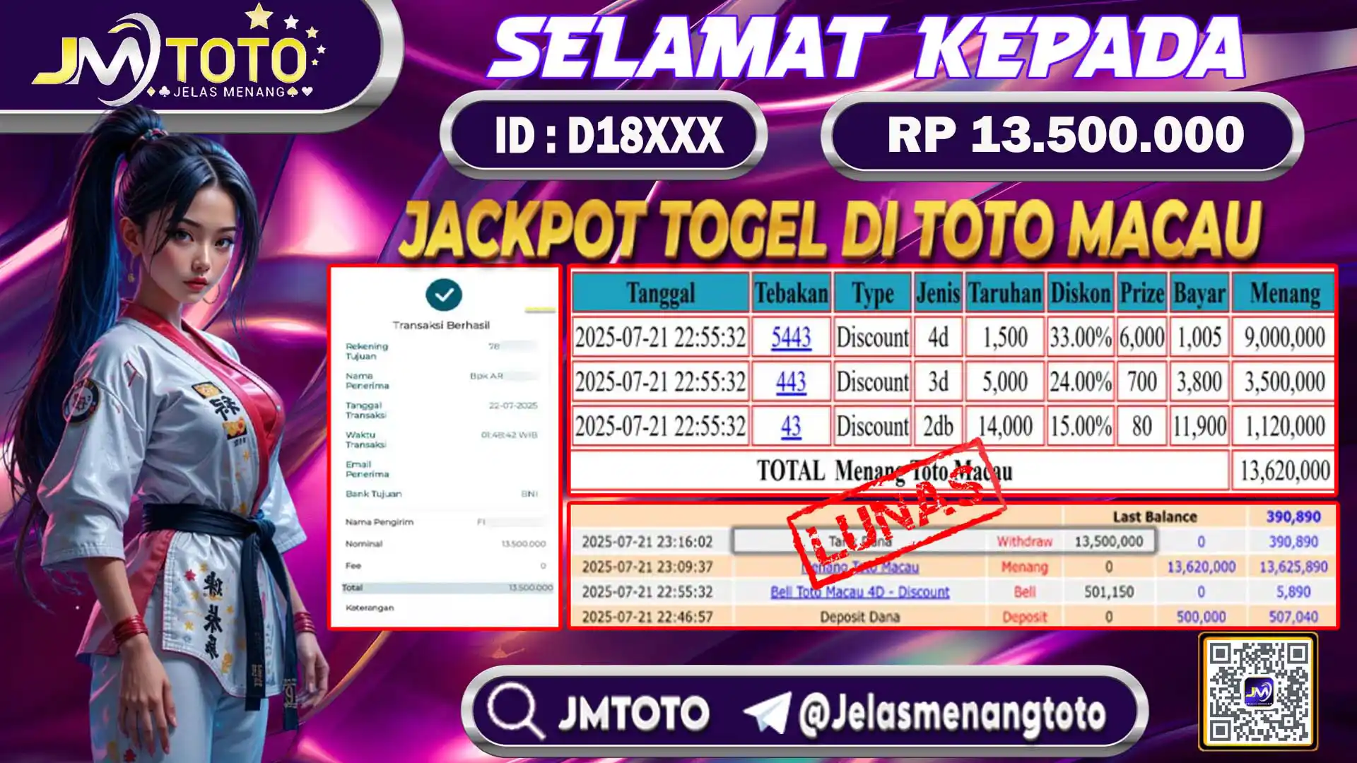 Screenshot bukti kemenangan jackpot Toto Macau senilai Rp 13.500.000 di JMTOTO, lengkap dengan slip betting 4D, 3D, 2D dan riwayat transaksi.