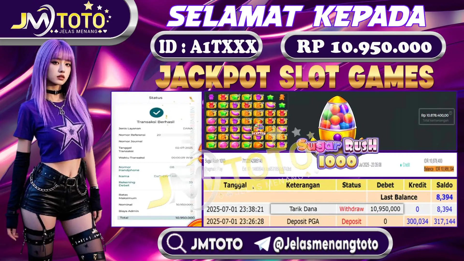 Bukti member JMTOTO tarik dana Rp 10.950.000 setelah menang jackpot slot games sugar rush 1000 - ID A1TXXX