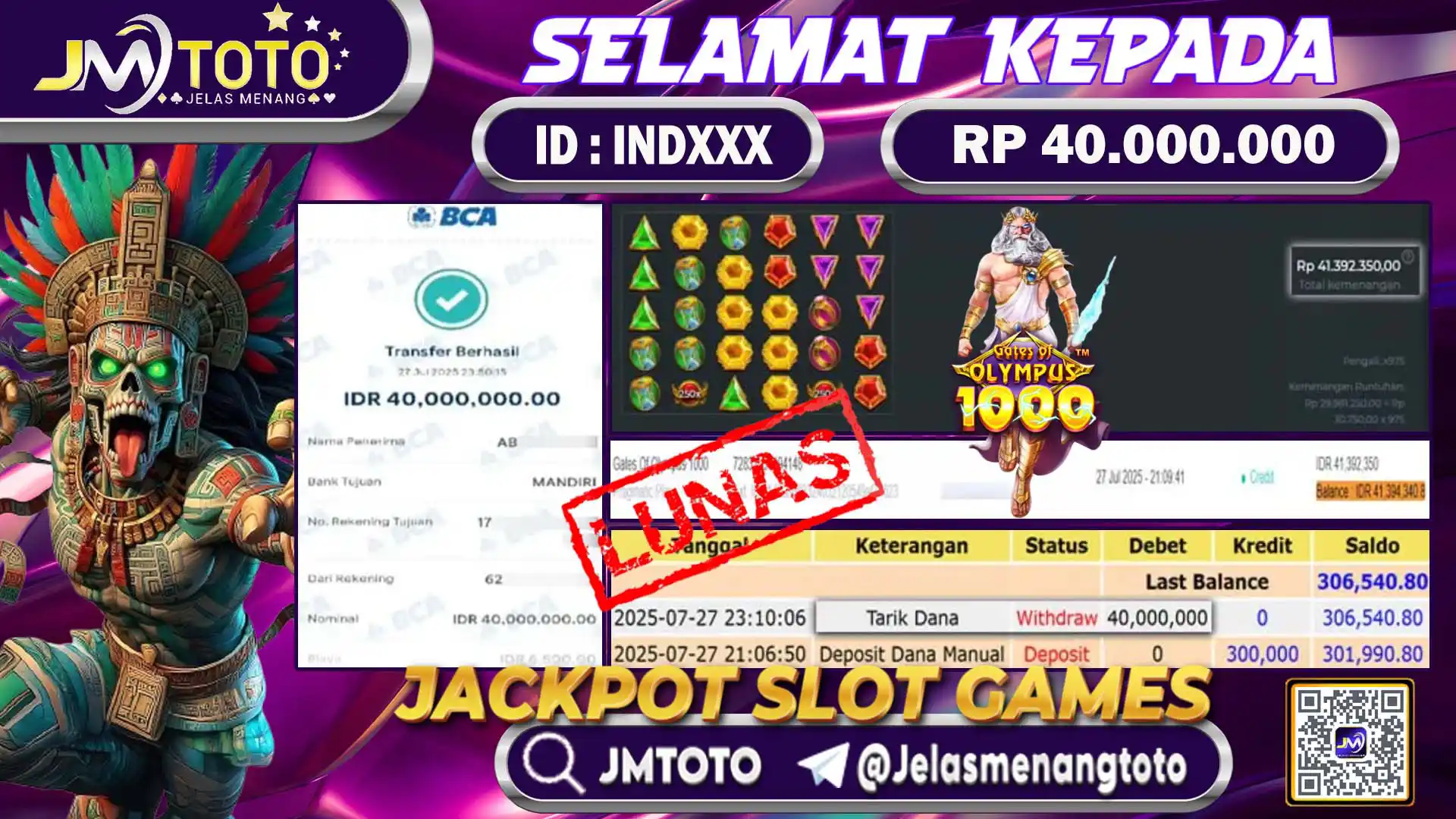 Screenshot bukti kemenangan jackpot slot games gates of olympus 1000 senilai Rp 40.000.000 di JMTOTO