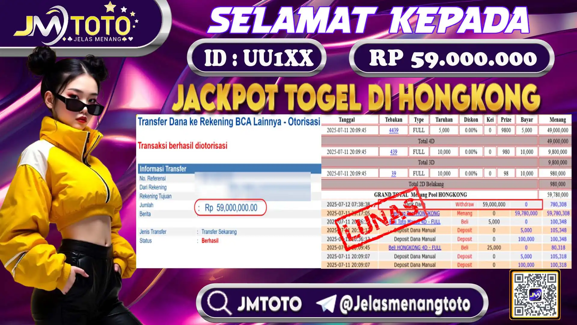 Bukti member JMTOTO tarik dana Rp 59.000.000 setelah menang jackpot togel pasaran hongkong - ID UU1XX