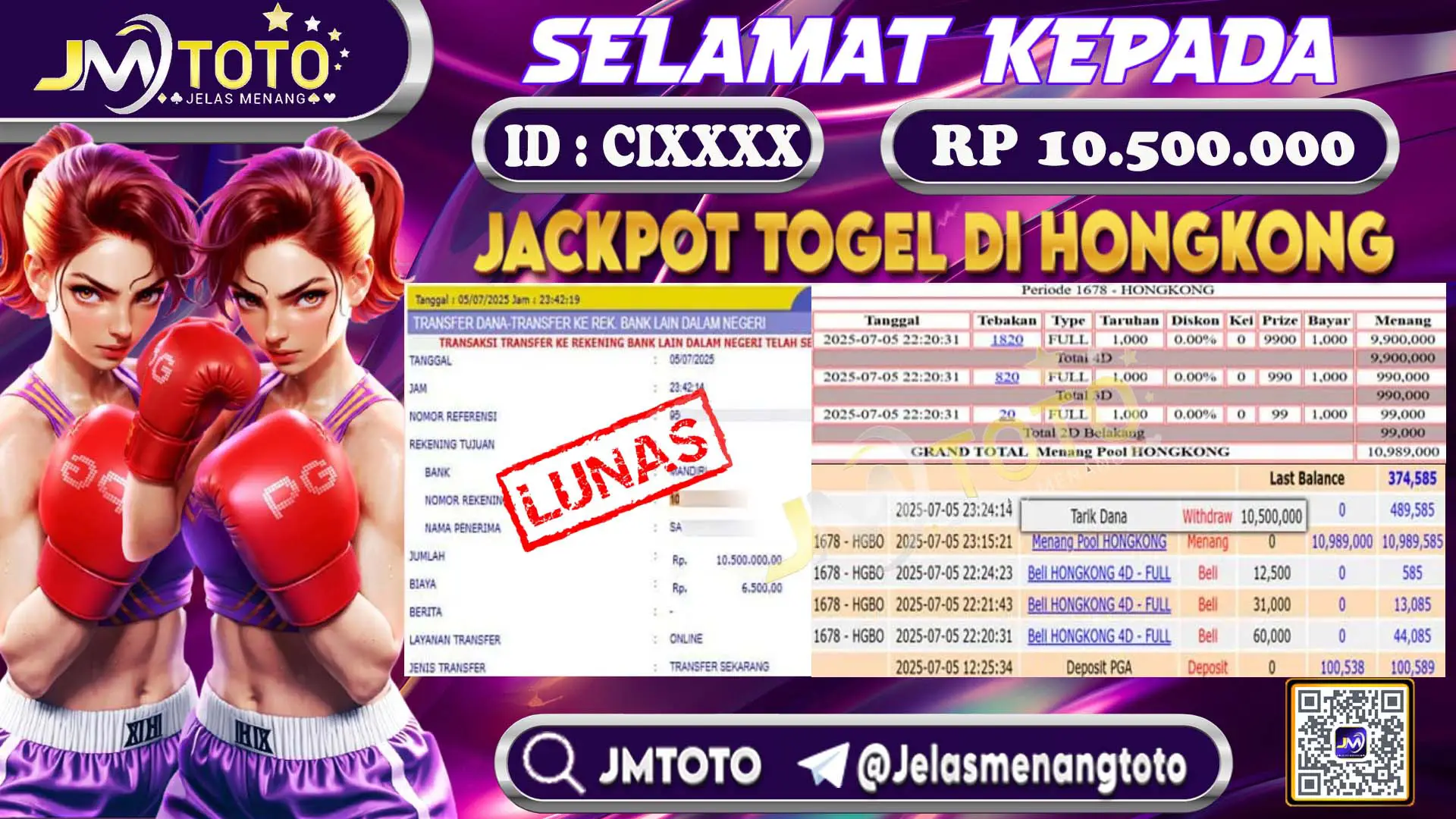 Bukti member JMTOTO tarik dana Rp 10.500.000 setelah menang jackpot togel pasaran hongkong - ID CIXXXX
