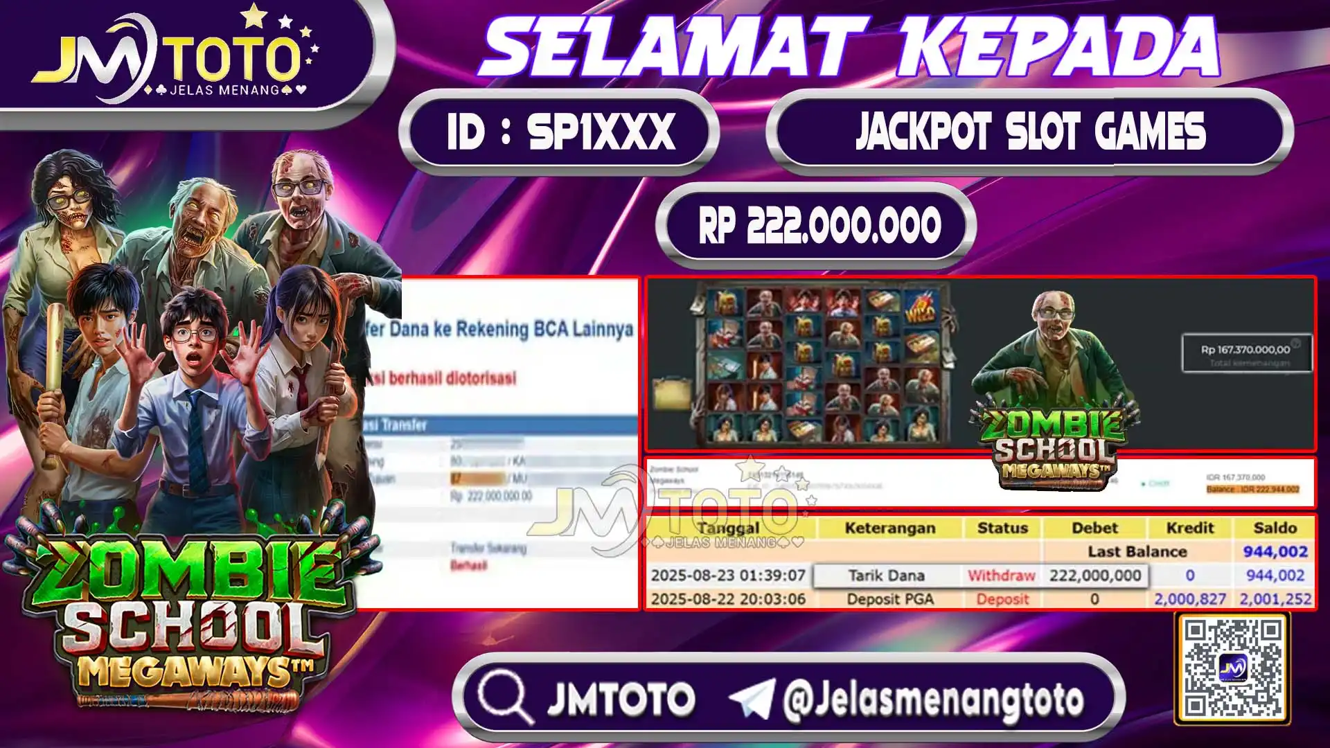 Screenshot bukti kemenangan jackpot slot games Zombie School Megaways senilai Rp 222.000.000 di JMTOTO