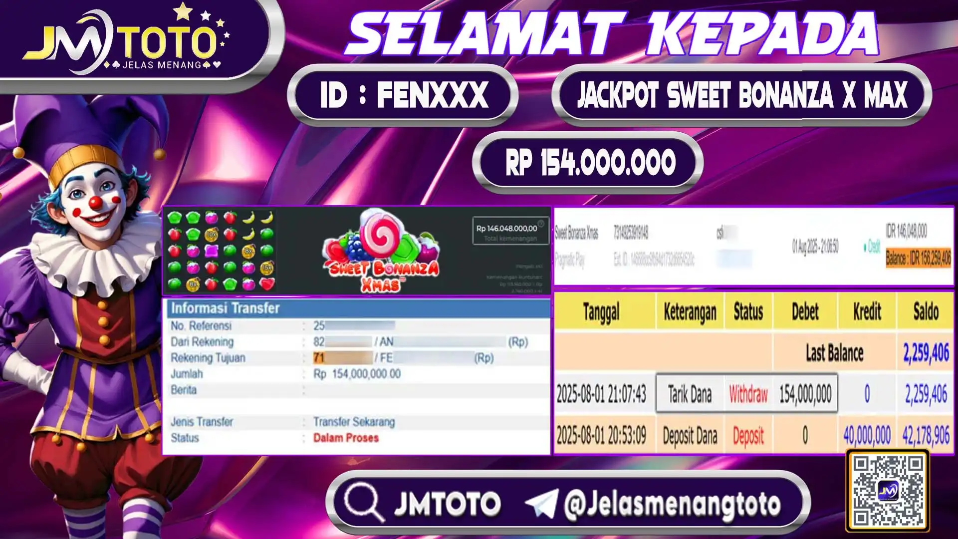 Screenshot bukti kemenangan jackpot slot games Sweet Bonanza Xmas senilai Rp 154.000.000 di JMTOTO