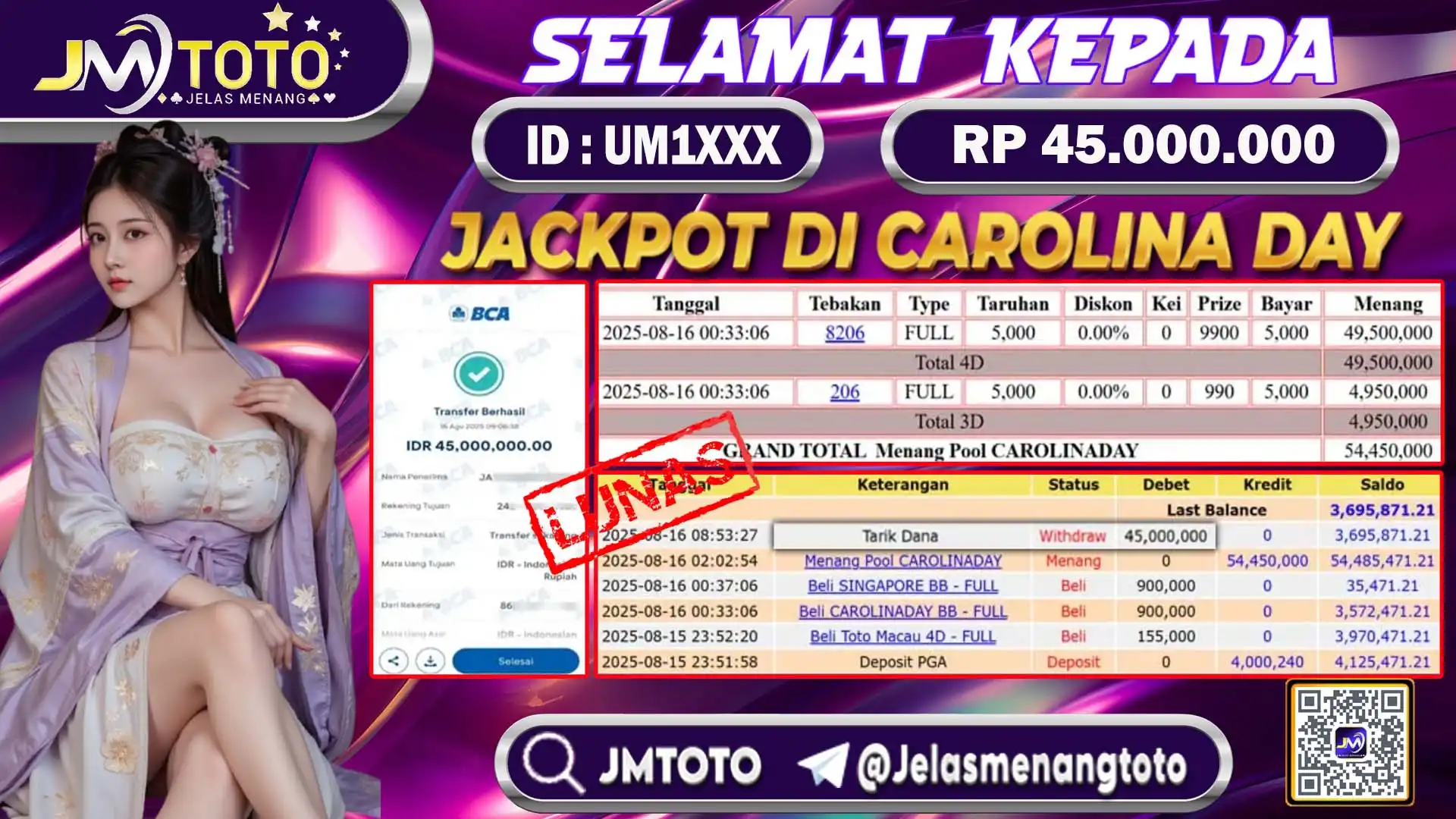 Screenshot bukti kemenangan jackpot togel online senilai Rp 45.000.000 di JMTOTO, lengkap dengan slip betting 4D, 3D, 2D dan riwayat transaksi.