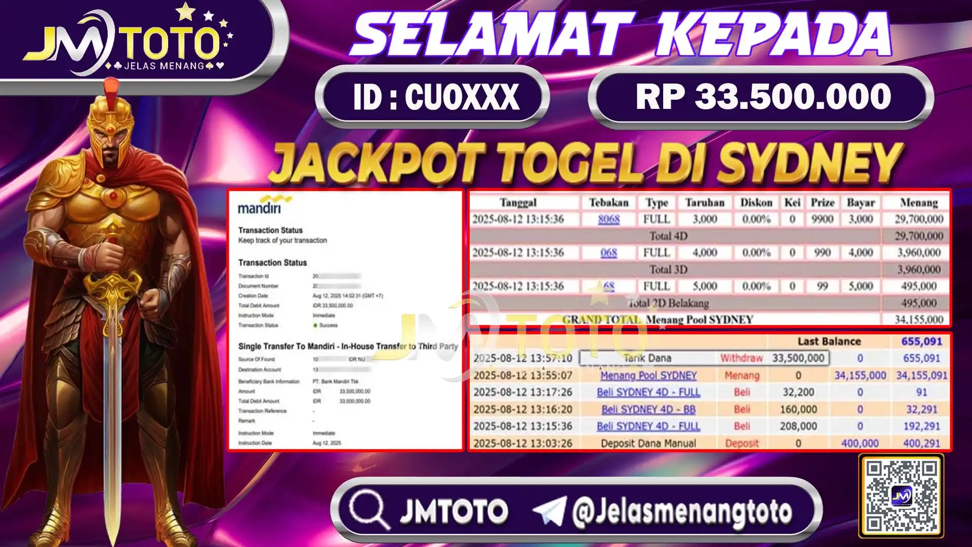 Screenshot bukti kemenangan jackpot togel online senilai Rp 33.500.000 di JMTOTO, lengkap dengan slip betting 4D, 3D, 2D dan riwayat transaksi.