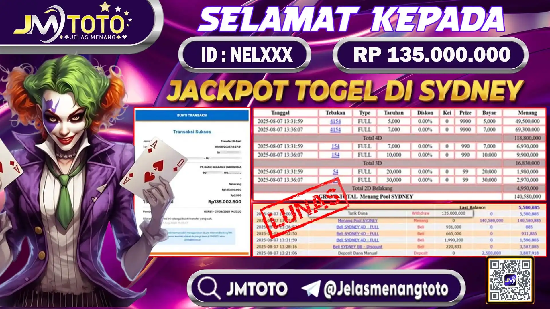 Screenshot bukti kemenangan jackpot togel online senilai Rp 135.000.000 di JMTOTO, lengkap dengan slip betting 4D, 3D, 2D dan riwayat transaksi.
