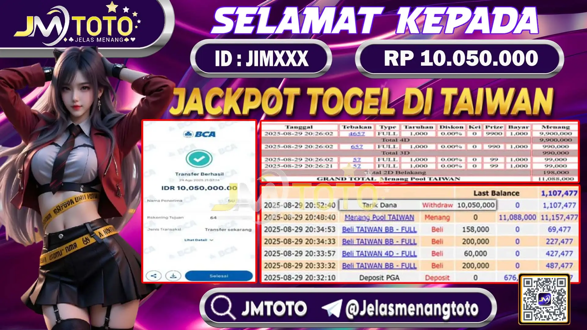 Screenshot bukti kemenangan jackpot togel Taiwan senilai Rp 10.050.000 di JMTOTO, lengkap dengan slip betting 4D, 3D, 2D dan riwayat transaksi