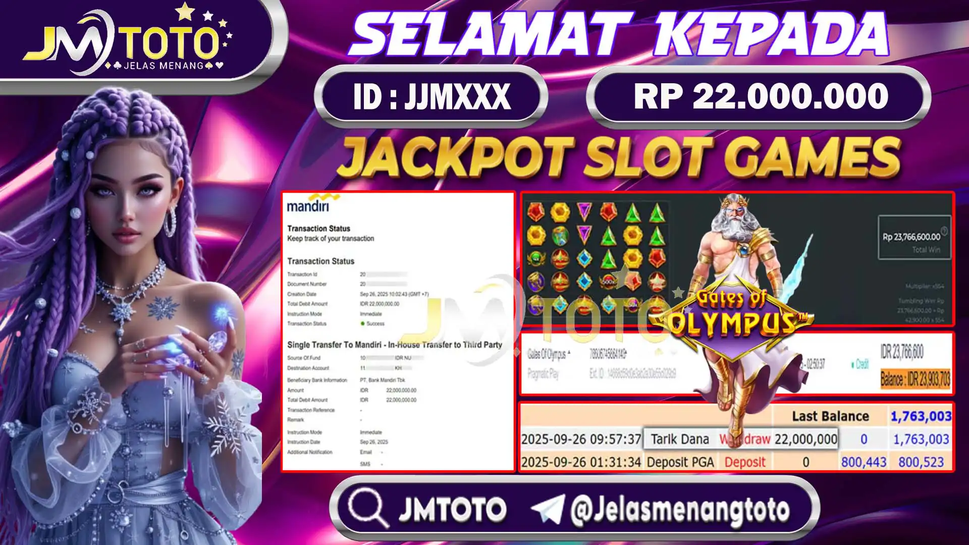 Screenshot bukti kemenangan jackpot slot games gates of olympus senilai Rp 22.000.000 di JMTOTO