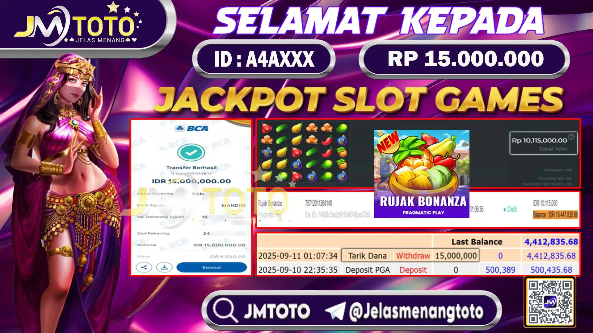 Screenshot bukti kemenangan jackpot slot games senilai Rp 15.000.000 di JMTOTO