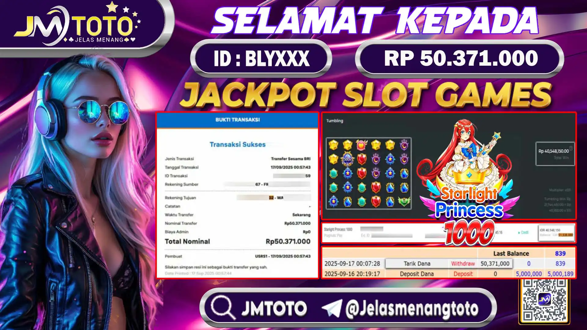 Screenshot bukti kemenangan jackpot slot games Starlight Princess senilai Rp 50.371.000 di JMTOTO