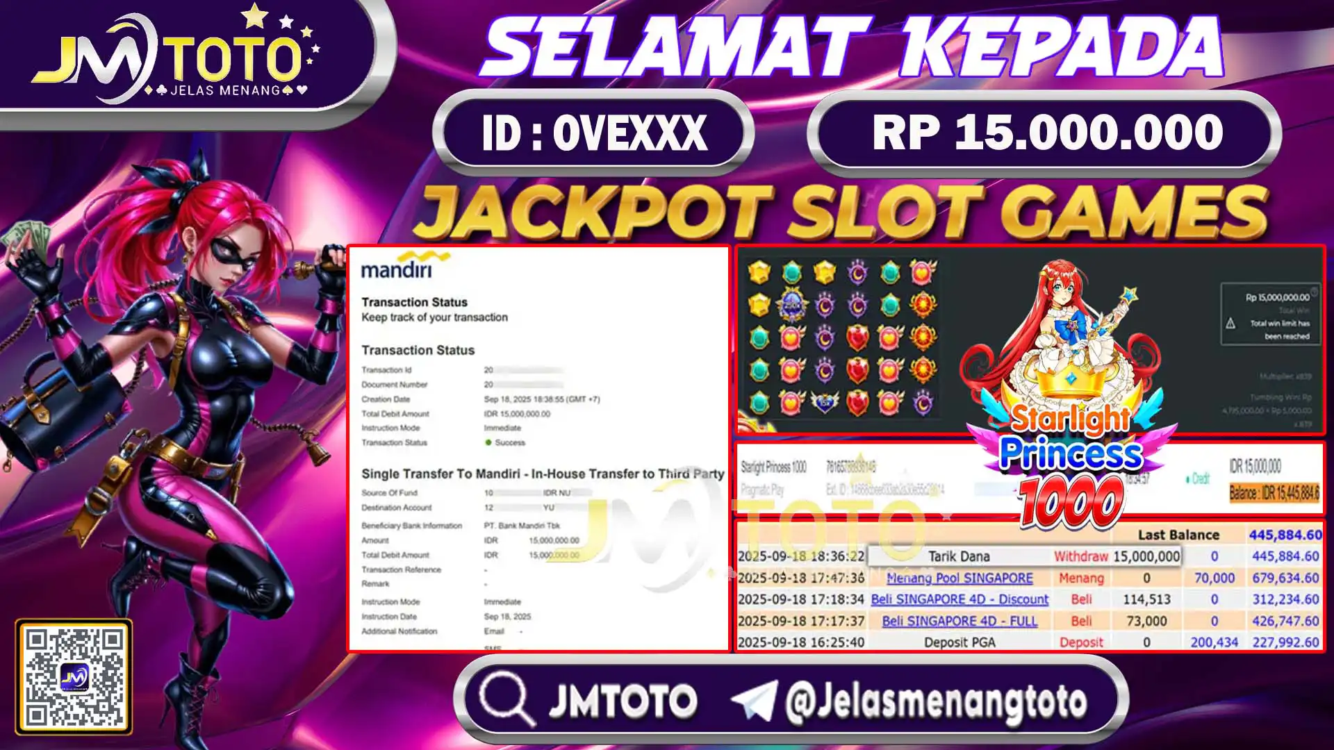 Screenshot bukti kemenangan jackpot slot games Starlight Princess senilai Rp 15.000.000 di JMTOTO