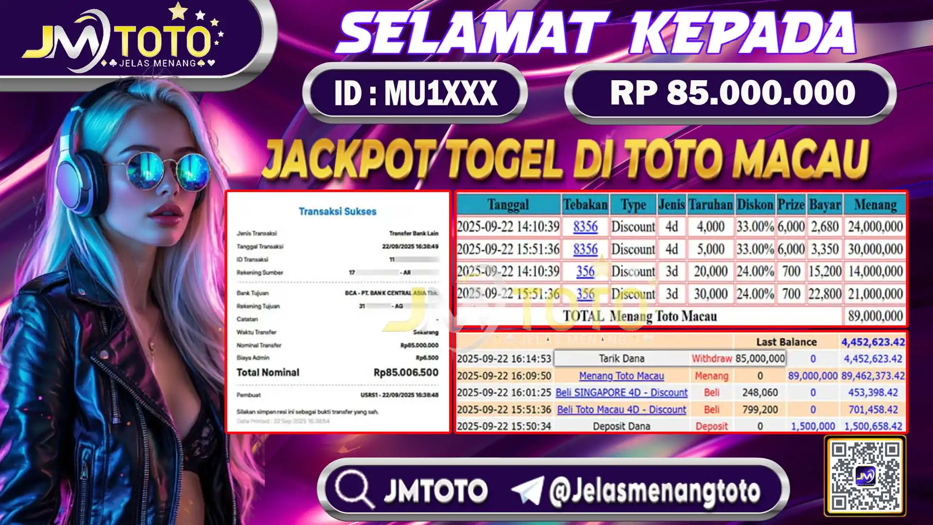 Screenshot bukti kemenangan jackpot togel online pasaran totomacau senilai Rp 85.000.000 di JMTOTO, lengkap dengan slip betting 4D, 3D, 2D dan riwayat transaksi.