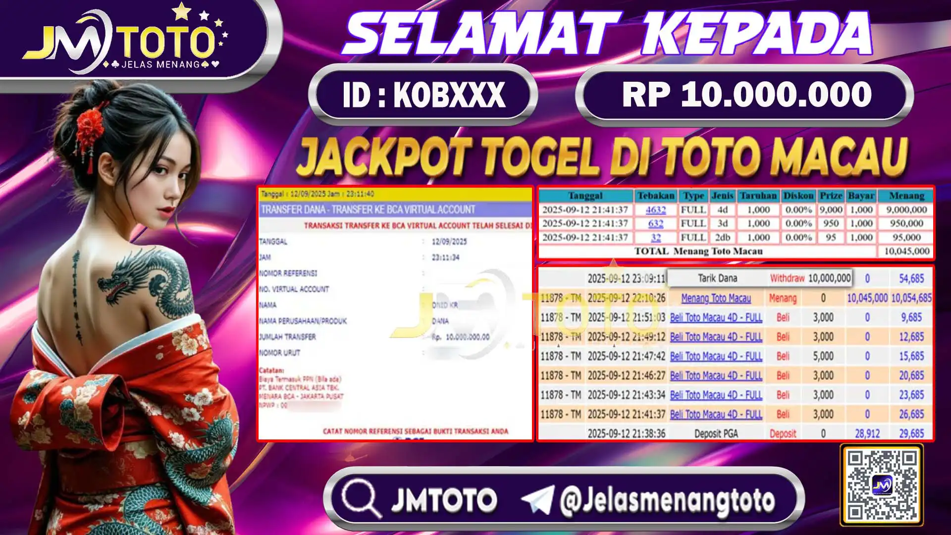 Screenshot bukti kemenangan jackpot togel pasaran toto Macau senilai Rp 10.000.000 di JMTOTO, lengkap dengan slip betting 4D, 3D, 2D dan riwayat transaksi.