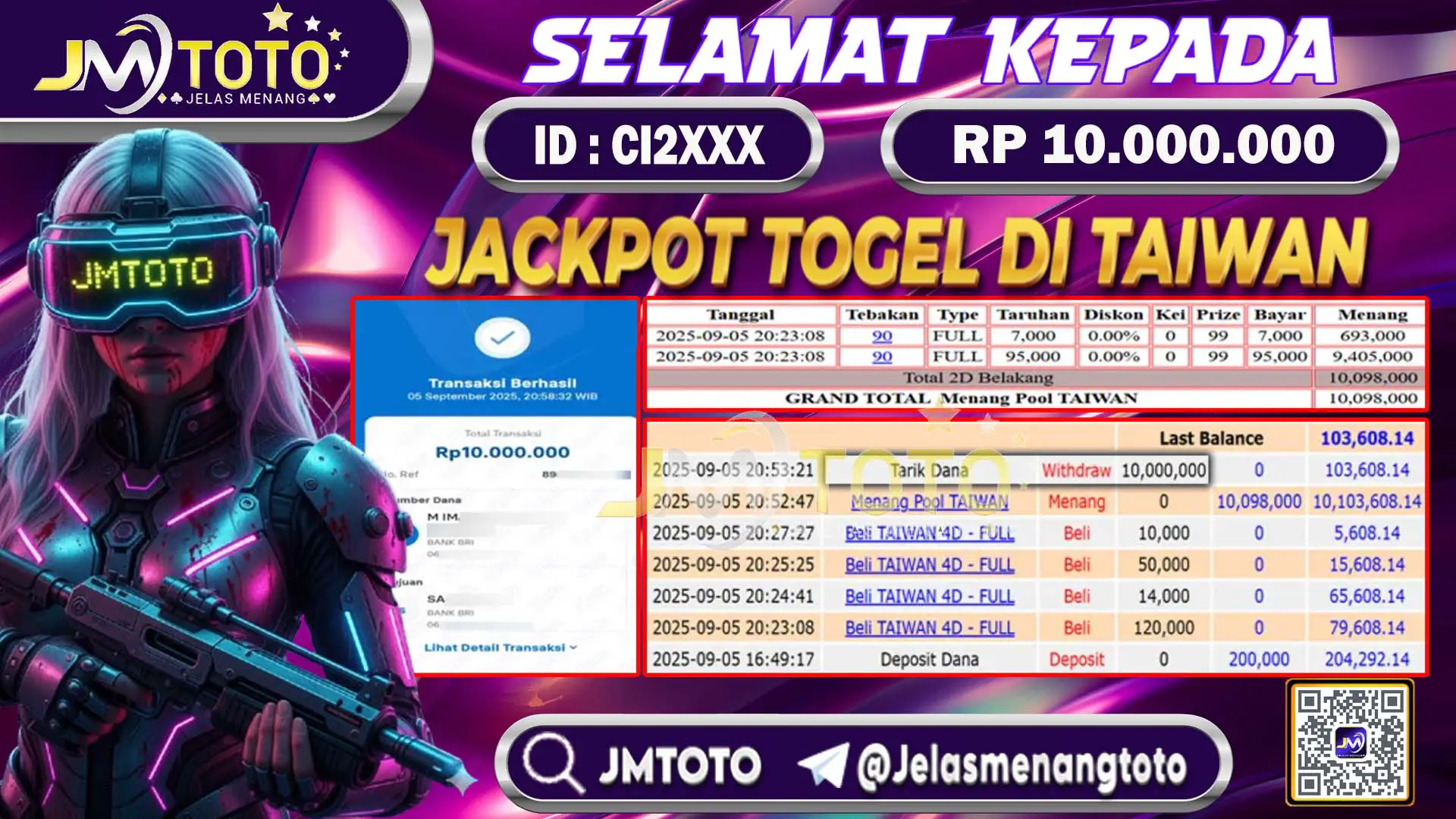 Screenshot bukti kemenangan jackpot togel Taiwan senilai Rp 10.000.000 di JMTOTO, lengkap dengan slip betting 4D, 3D, 2D dan riwayat transaksi.