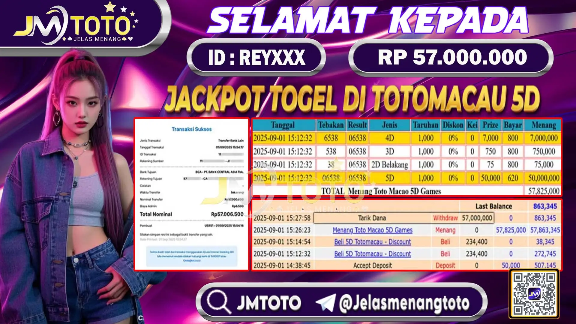 Screenshot bukti kemenangan jackpot togel totomacau senilai Rp 57.000.000 di JMTOTO, lengkap dengan slip betting 4D, 3D, 2D dan riwayat transaksi