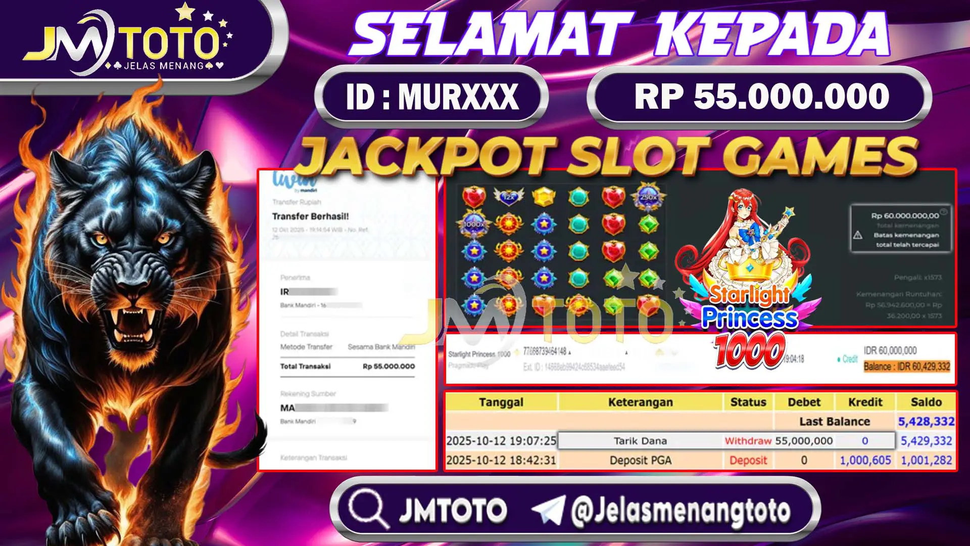 Screenshot bukti kemenangan jackpot slot games Starlight Princess 1000 senilai Rp 55.000.000 di JMTOTO