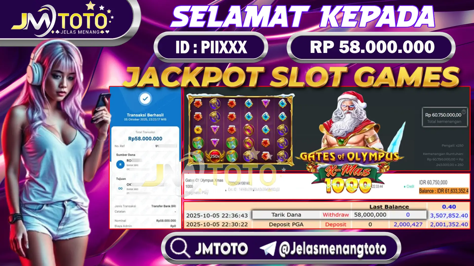 Screenshot bukti kemenangan jackpot slot games Gates of Olympus Xmas 1000 senilai Rp 58.000.000 di JMTOTO