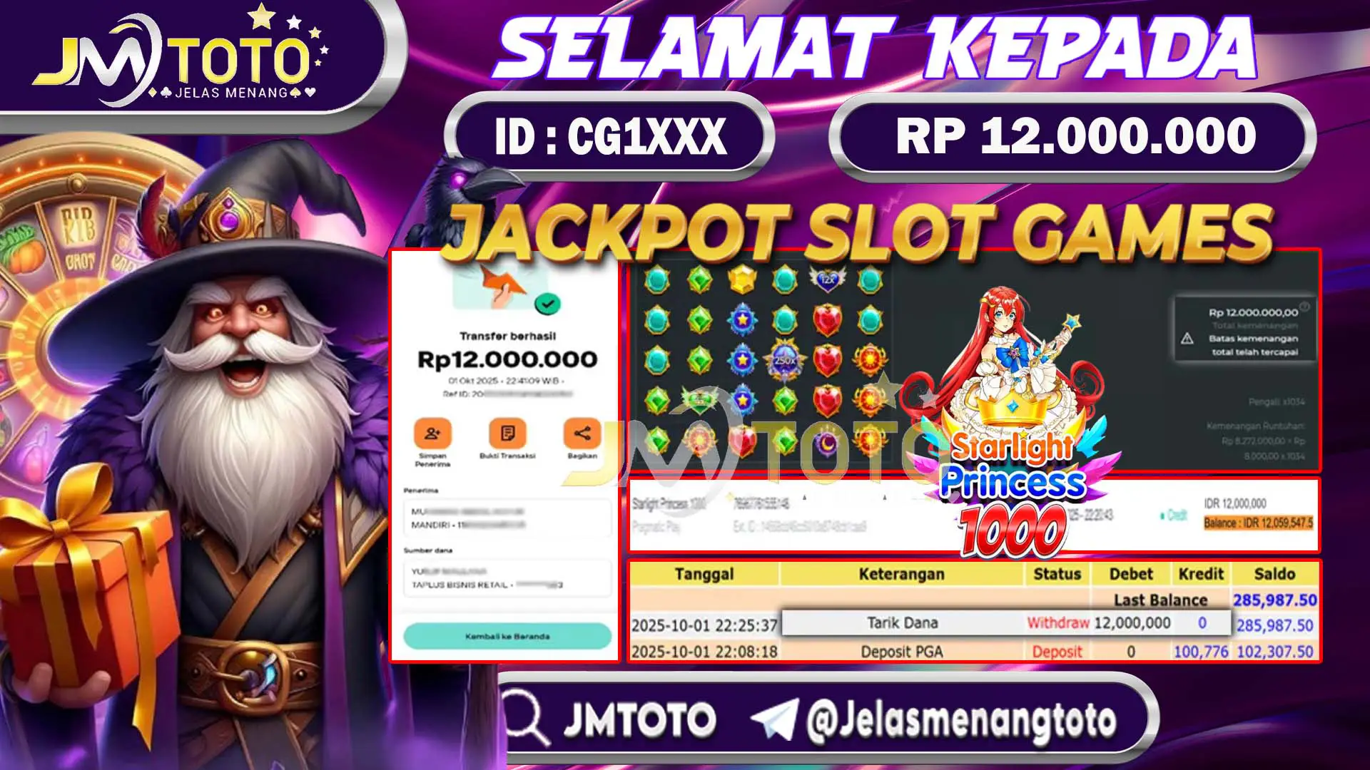 Screenshot bukti kemenangan jackpot slot games starlight princess 1000 senilai Rp 12.000.000 di JMTOTO