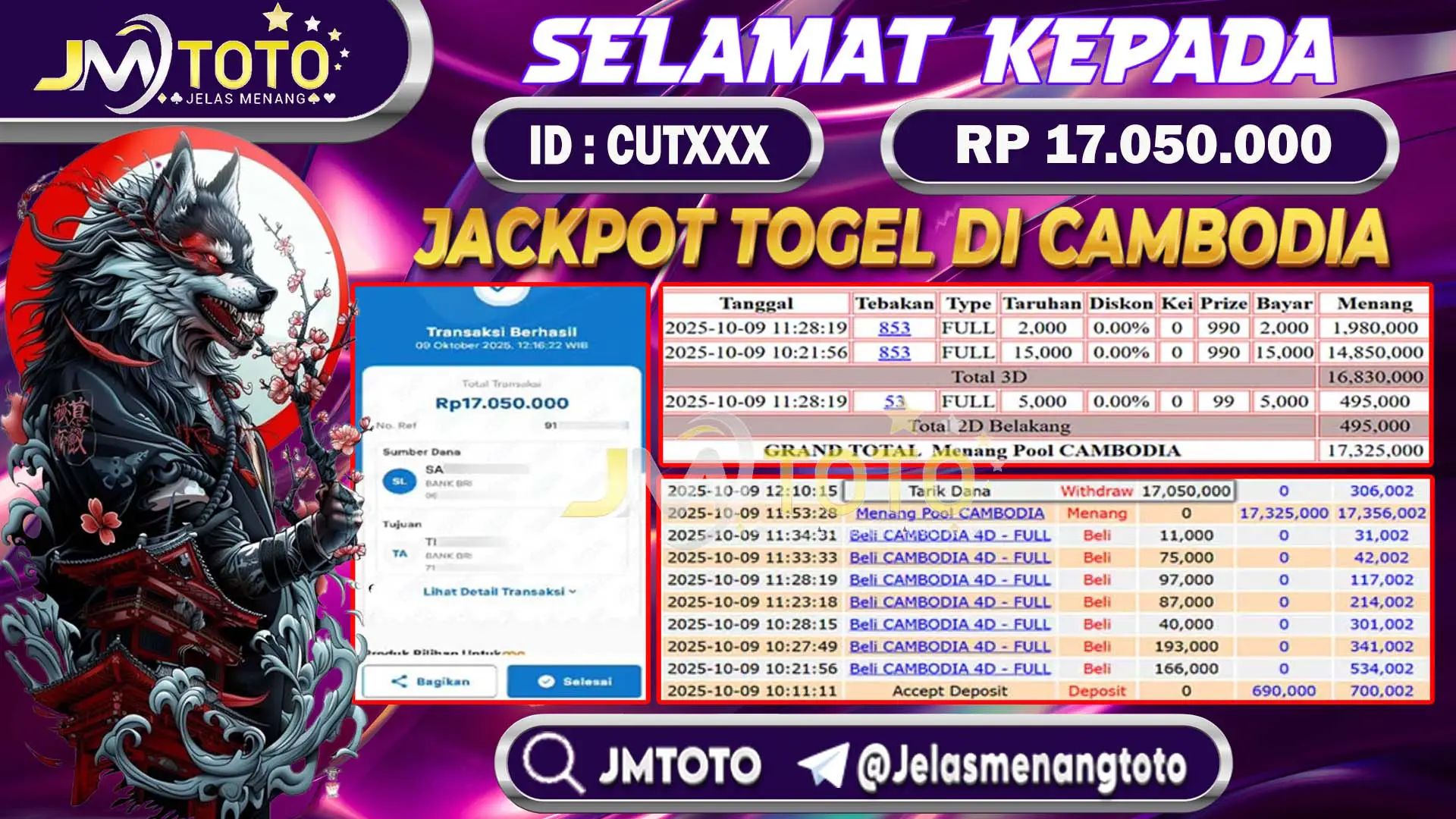 Screenshot bukti kemenangan jackpot togel online pasaran Cambodia senilai Rp 17.050.000 di JMTOTO, lengkap dengan slip betting 4D, 3D, 2D dan riwayat transaksi.