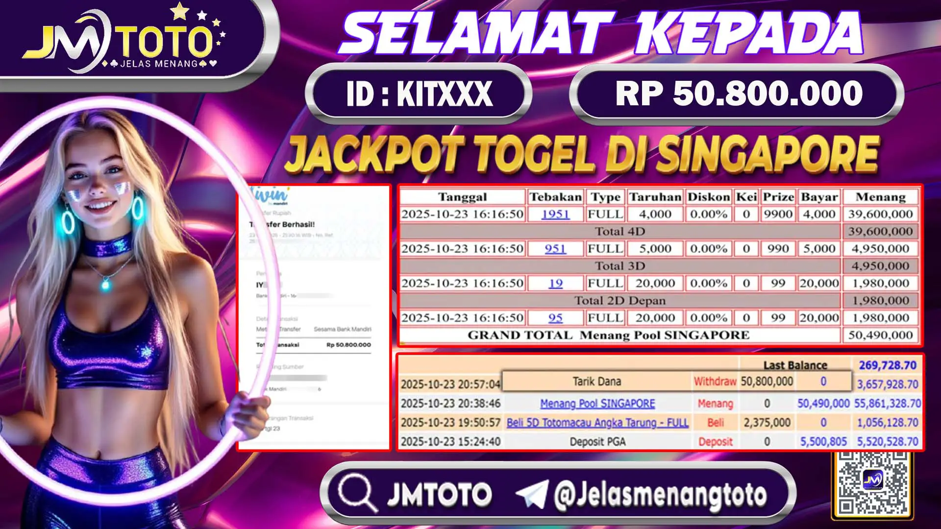 Screenshot bukti kemenangan jackpot togel online pasaran Singapore senilai Rp 50.800.000 di JMTOTO, lengkap dengan slip betting 4D, 3D, 2D dan riwayat transaksi.