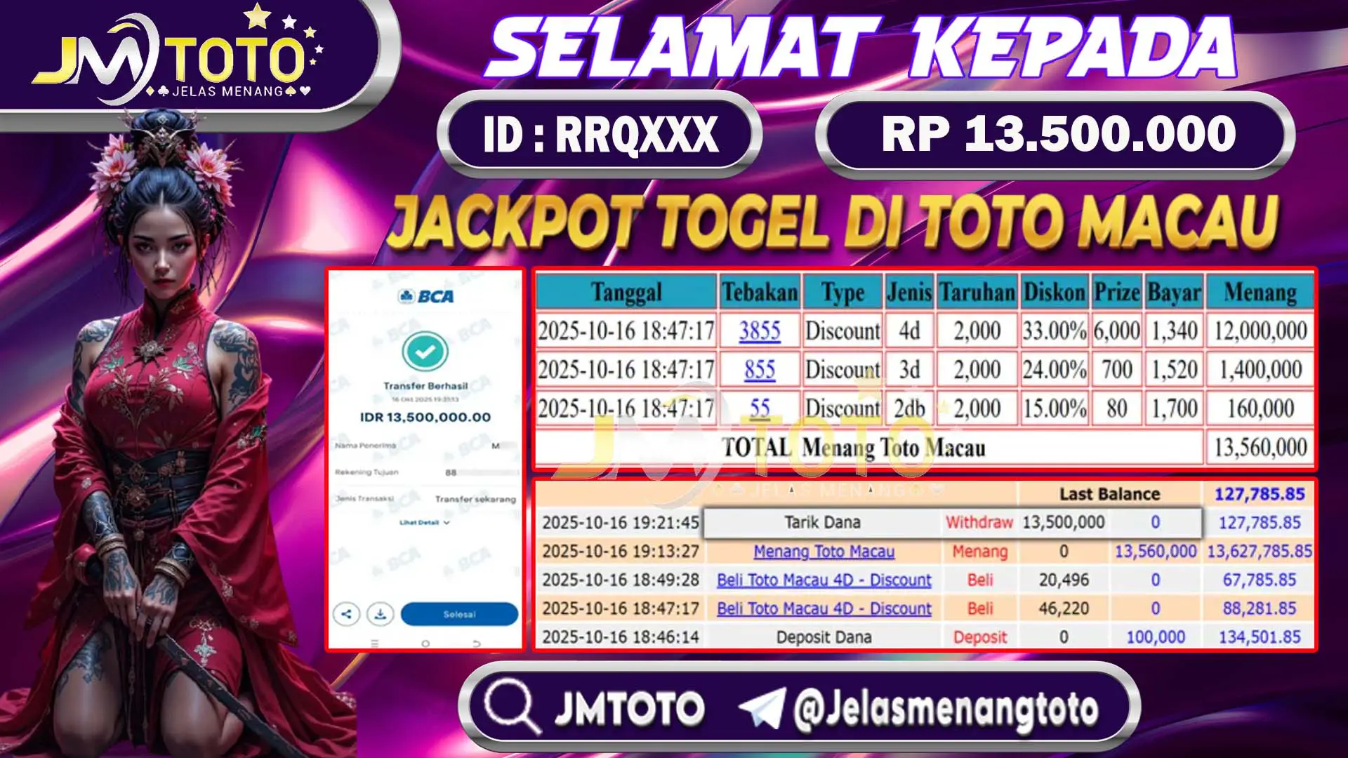 Screenshot bukti kemenangan jackpot togel online pasaran toto Macau senilai Rp 13.500.000 di JMTOTO, lengkap dengan slip betting 4D, 3D, 2D dan riwayat transaksi.