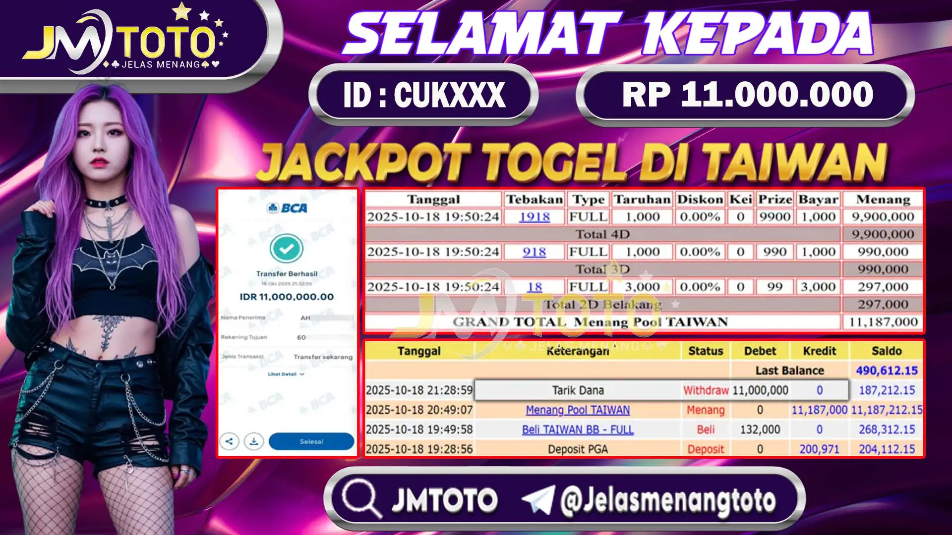 Screenshot bukti kemenangan jackpot togel online pasaran Taiwan senilai Rp 11.000.000 di JMTOTO, lengkap dengan slip betting 4D, 3D, 2D dan riwayat transaksi.