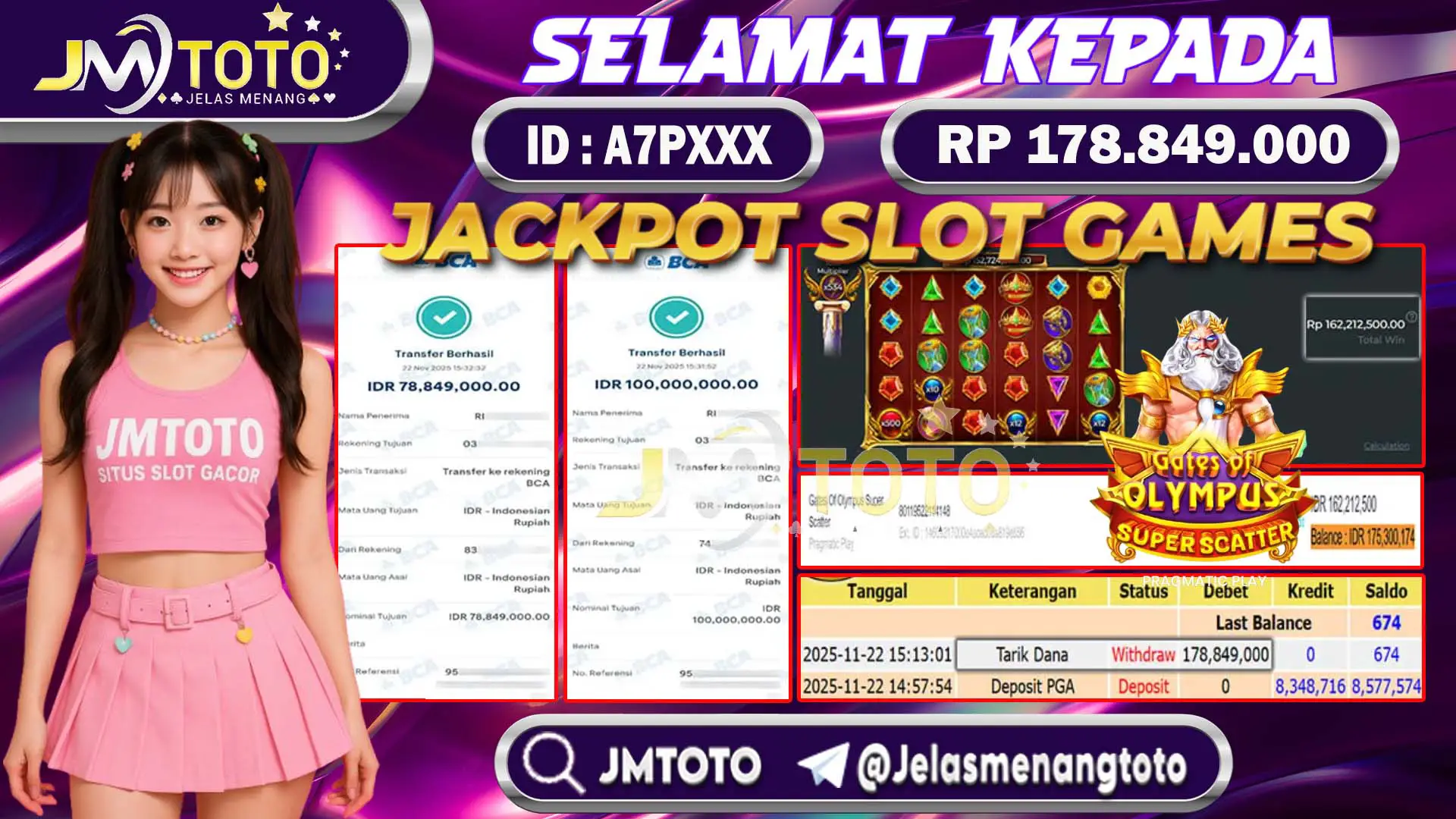 Screenshot bukti kemenangan jackpot slot games Gates of Olympus Super Scatter senilai Rp 178.849.000 di JMTOTO