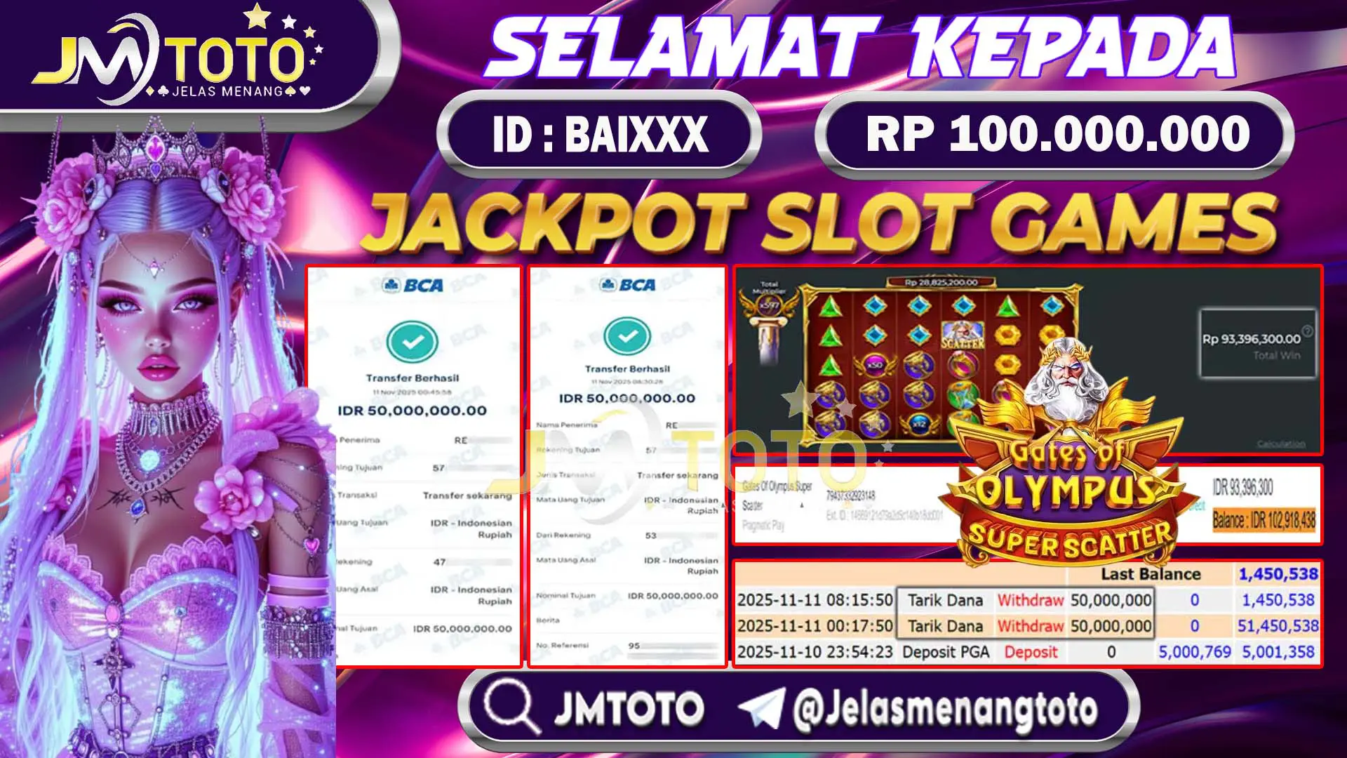 Screenshot bukti kemenangan jackpot slot games Gates of Olympus Super Scatter senilai Rp 100.000.000 di JMTOTO