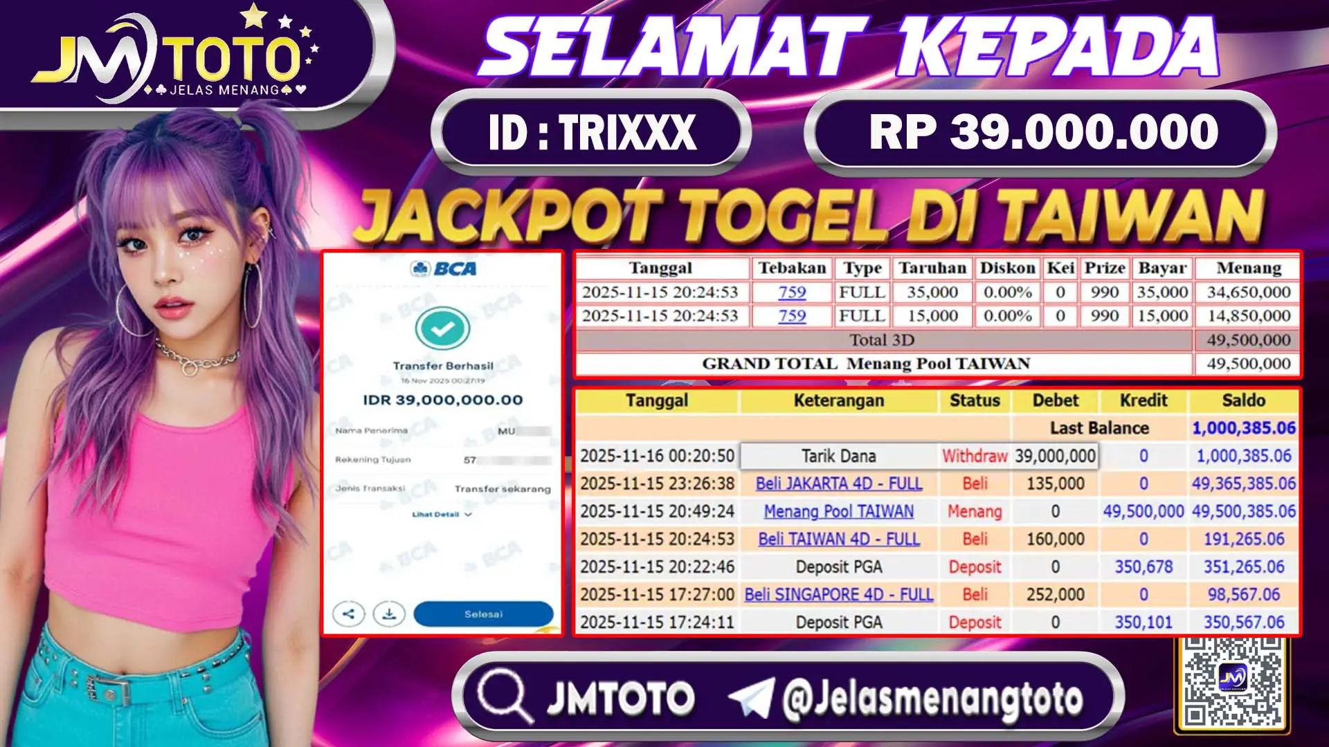 Screenshot bukti kemenangan jackpot togel online pasaran Taiwan senilai Rp 39.000.000 di JMTOTO, lengkap dengan slip betting 4D, 3D, 2D dan riwayat transaksi.