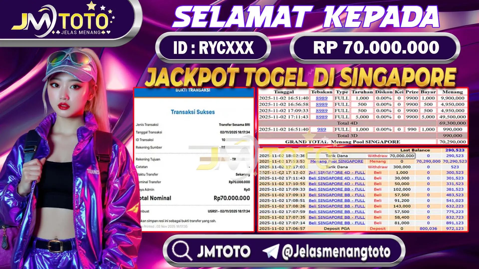 Screenshot bukti kemenangan jackpot togel online pasaran Singapore senilai Rp 70.000.000 di JMTOTO, lengkap dengan slip betting 4D, 3D, 2D dan riwayat transaksi.